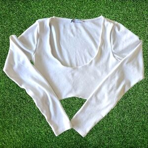 Zara White Fitted Crop Bodysuit